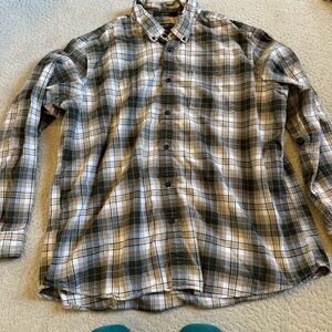 Eddie Bauer Green and White Plaid Flannel Relaxed Fit Casual Shirt